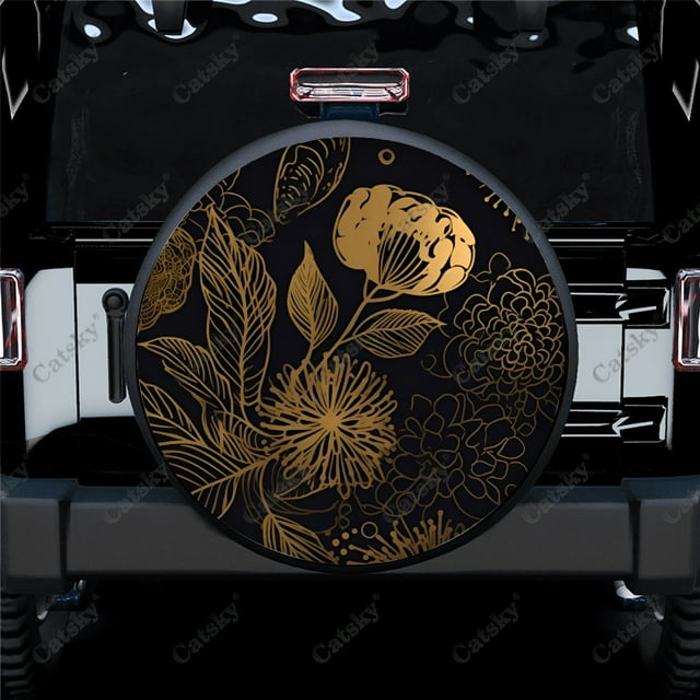Subtle Gold Line Flowers Pattern Polyester Universal Spare Wheel Tire Cover Wheel Covers for Trailer RV SUV Truck Camper