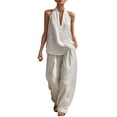 thumbnail image 4 of Women's Halter Neck 2 Piece Set, V Neck Tank Top and Wide Leg Pants Outfit, Casual Lounge Set, Summer Vacation Outfits for Women, Beach Cover Up and Romper Alternative-White, 4 of 4