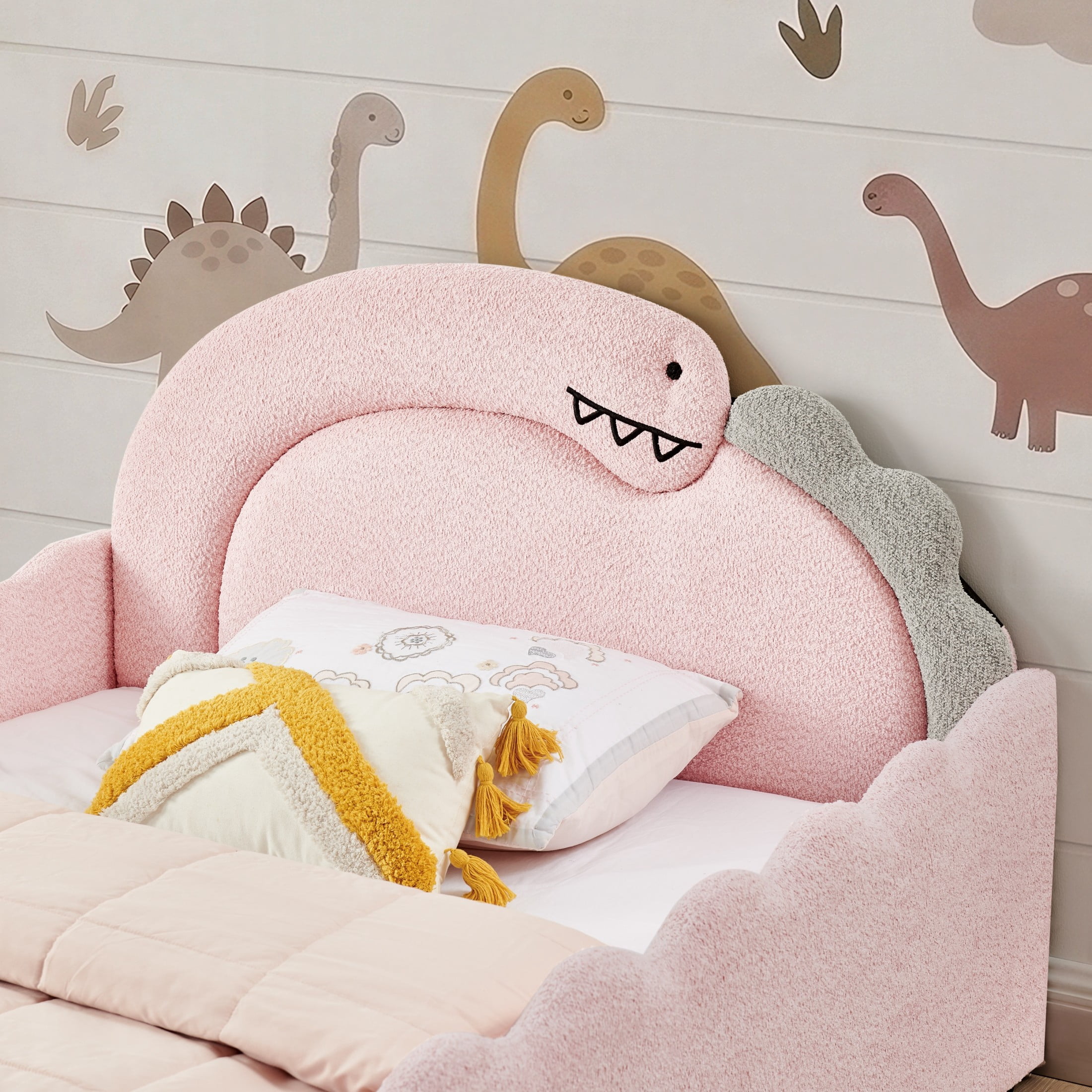 GDF Studio Full Size Cute Dinosaur Bed with Safety Guardrails & Solid Wood Frame, Boucle Fabric Upholstered Bed, Pink