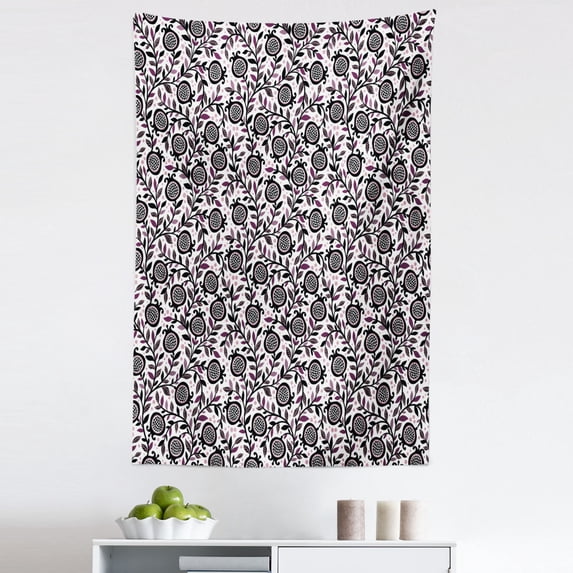 Garden Art Tapestry, Floral Pattern Pomegranate Fruits and Leaves Coming of Spring, Fabric Wall Hanging Decor for Bedroom Living Room Dorm, 5 Sizes, Plum Blush Black, by Ambesonne