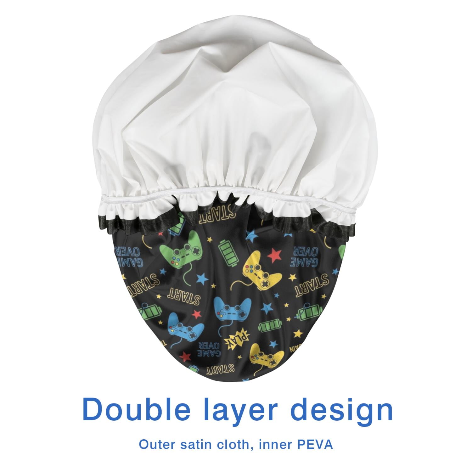 Shower Caps,Multicolor Controllers Games Text Black Pattern Waterproof Shower Cap for Women 4 Pieces,Double Reusable Hair Cover for Shower PEVA Elastic Stretch Hem