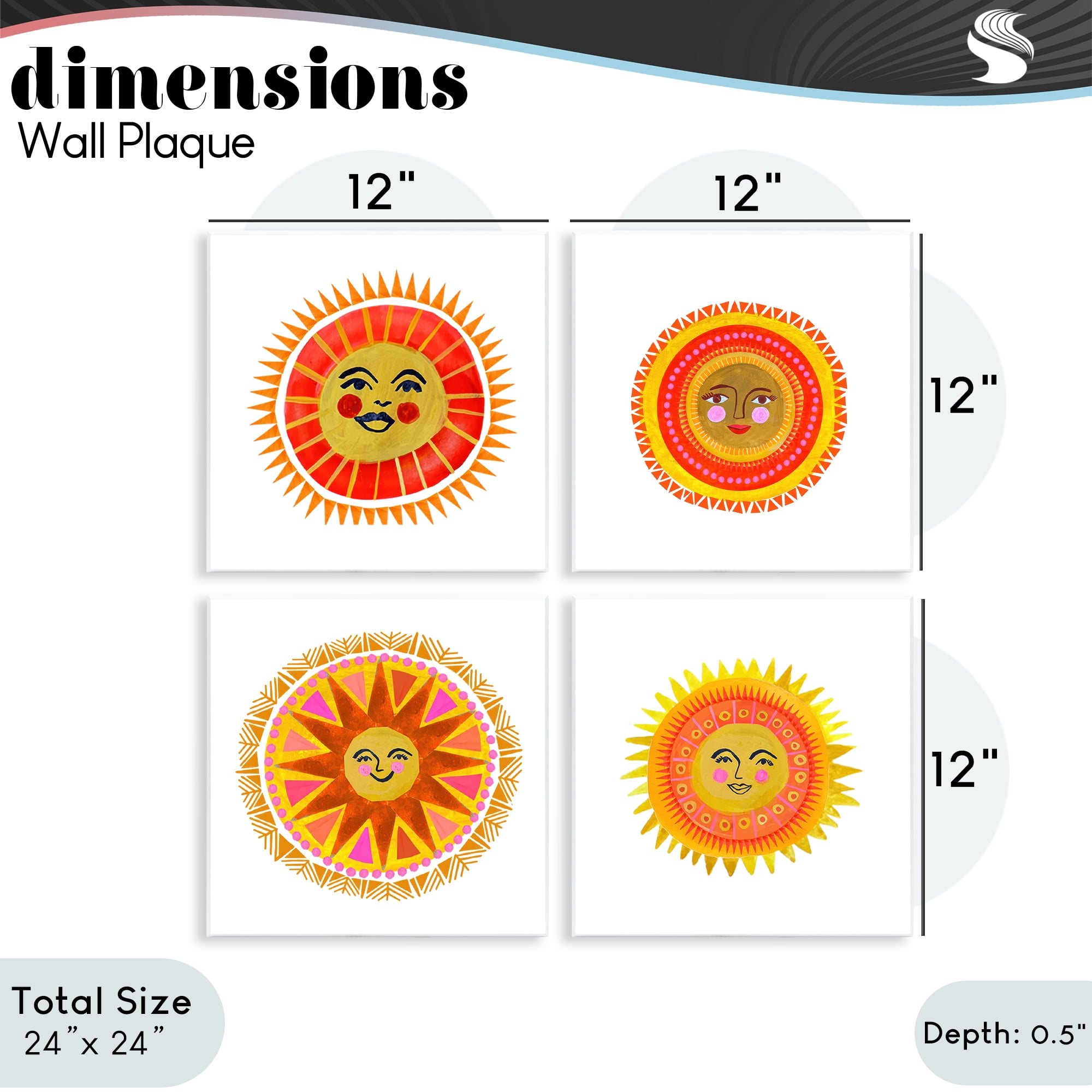 Stupell Industries Warm Happy Suns 4 Piece Wall Plaque Art Set, design by Katherine Herrell Studio