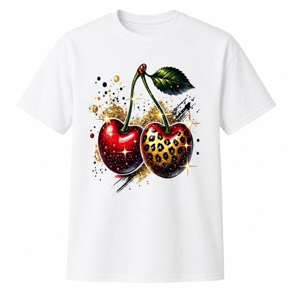 Cherry Leopard Print Graphic T-Shirt, Unisex Classic Fit Casual Tee