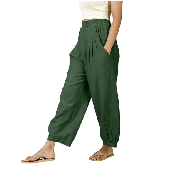 Linen Summer Pants for Women High Waisted Baggy Pants with Pockets Solid Color Cuffed Ankle Joggers Casual Loose Trousers
