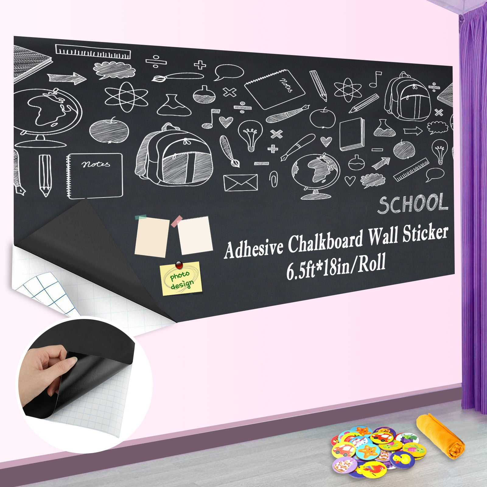 Chalkboard Stickers Chalkboard Contact Paper 6.6 Feet x 18 Inches XL Self-Adhesive Chalk Board Sticker for Wall Includes 5 Pieces of Color Chalk Plus Eraser Cloth Color: Black 