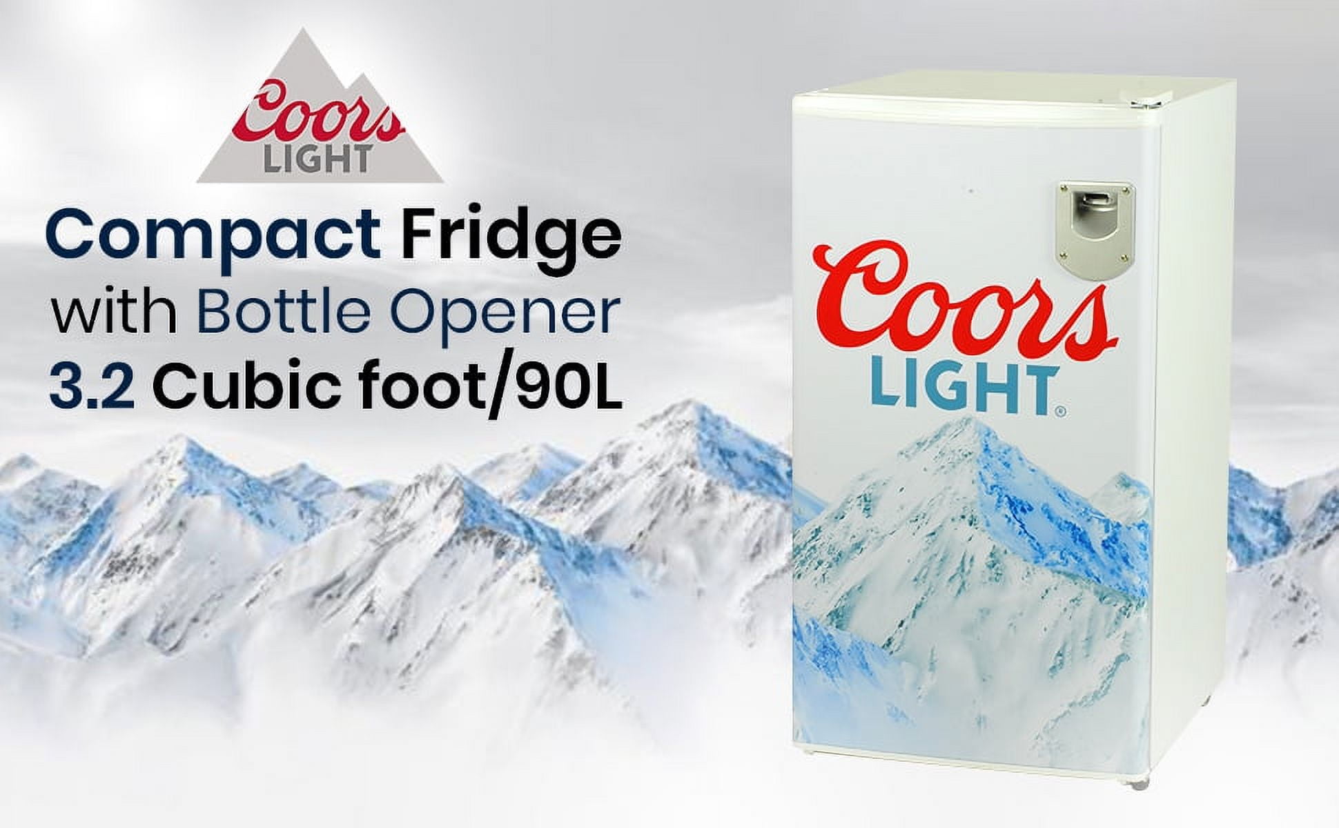 Coors Light 3.2 cu ft (90L) Compact Fridge with Bottle Opener, 95 Quart Capacity, Portable for Snacks, Beverages, Beer, Dorm, Office, or RV