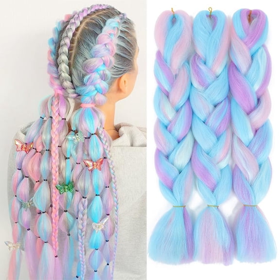 Rainbow Braiding Hair, 24 Inch Synthetic Kanekalon Braiding Hair Extensions, 3-Pack Pre-Stretched Jumbo Braid with Vibrant Colors for Festival, Cosplay, and Protective Styles.