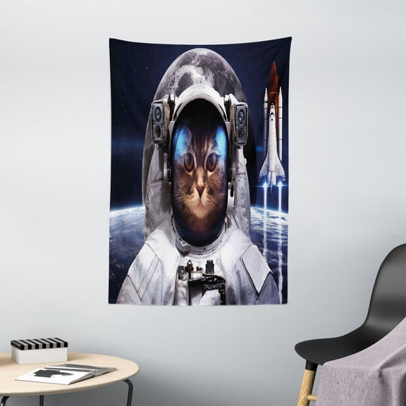 Space Cat Tapestry, Cat in Cosmonaut Outer Space Clothes in Cosmos Travel with Rocket, Wall Hanging for Bedroom Living Room Dorm Decor, 40W X 60L Inches, Navy Blue White and Red, by Ambesonne
