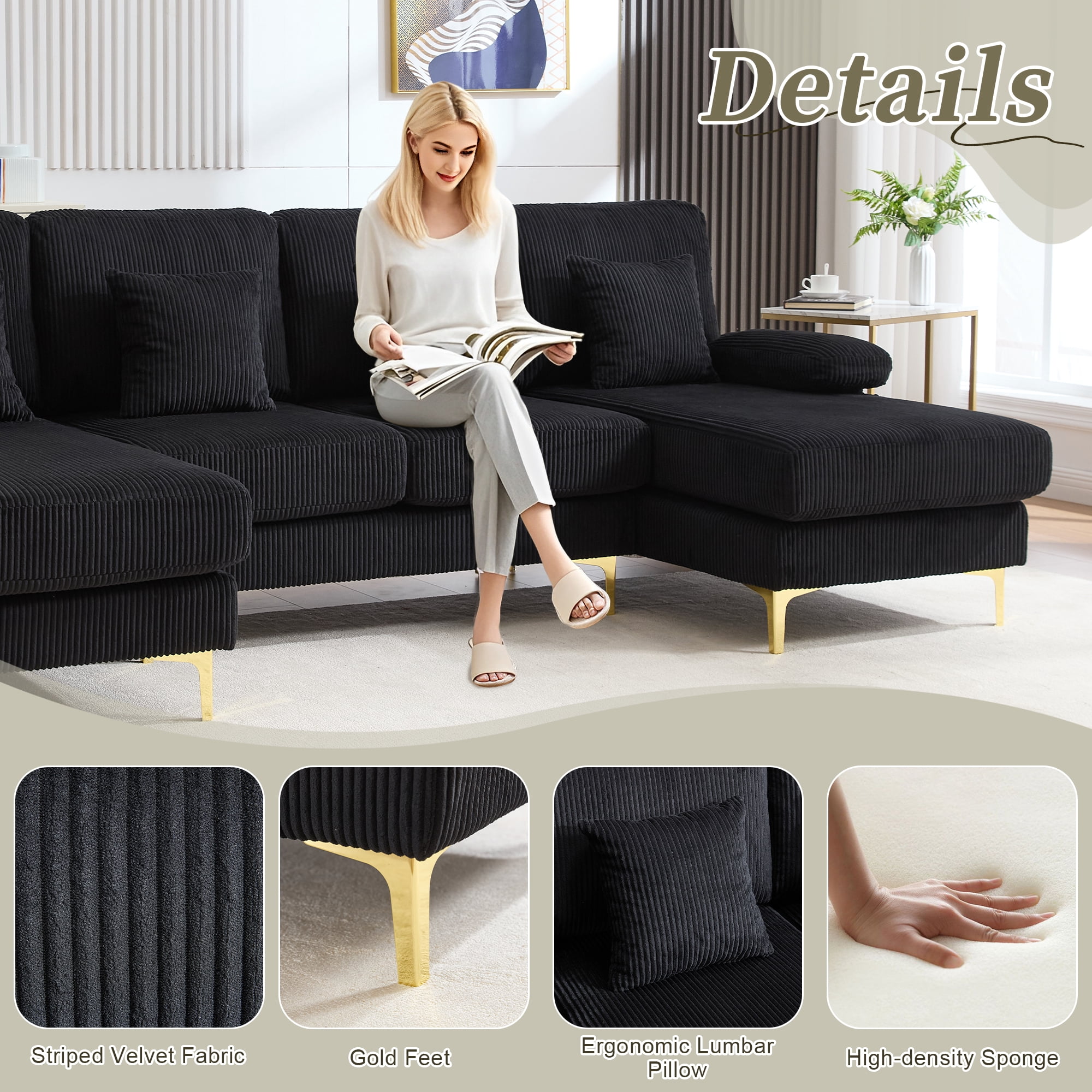 MOONMISS Corduroy Upholstered U-shaped Adjustable Light Modular Sectional Sofa With Type-C and USB ports-Black