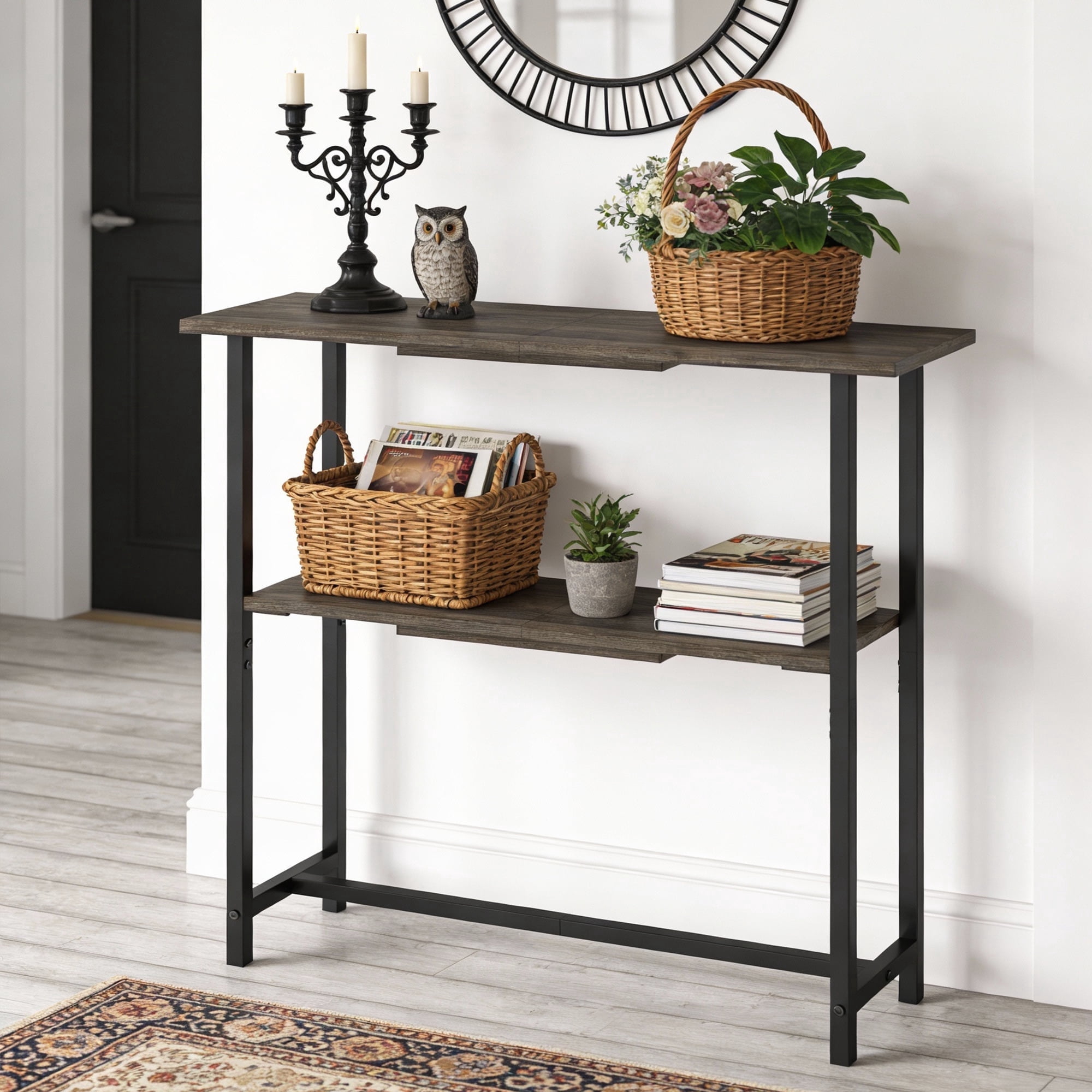 Manora Modern 2-Tier Console Table, Narrow Sofa Table with Adjustable Feet for Entryway, Living Room, Charcoal Gray