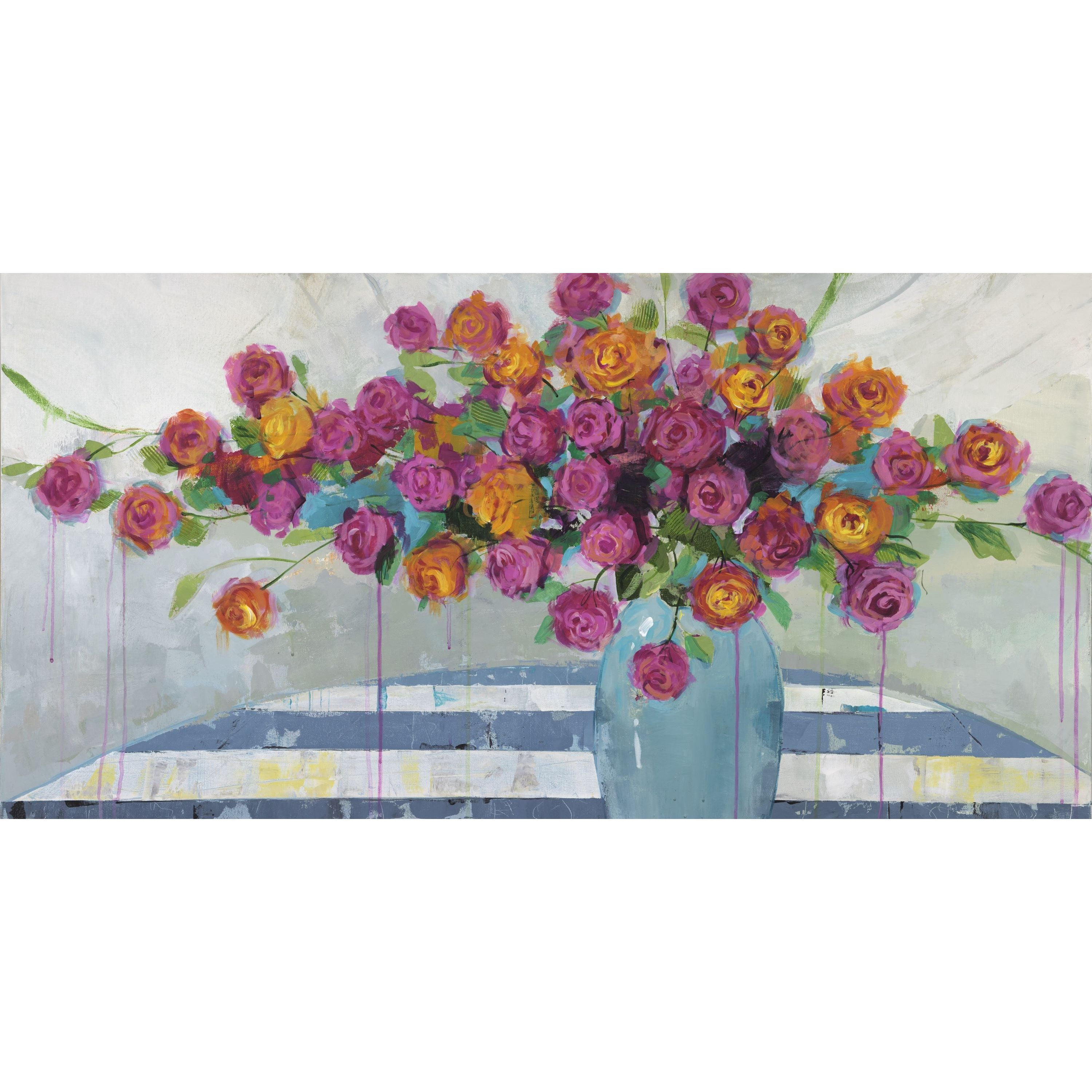 MARMONT HILL  - 'Stripes and Blooms' by Julie Joy Painting Print on Wrapped Canvas - Purple 36 x 18