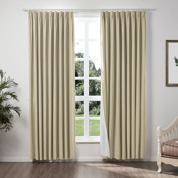 TWOPAGES 52 W X 96 L Inch Drapery Pinch Pleated Top Blackout Curtain Soft Linen Textured Drape for Bedroom, 1 Panel, Light Khaki