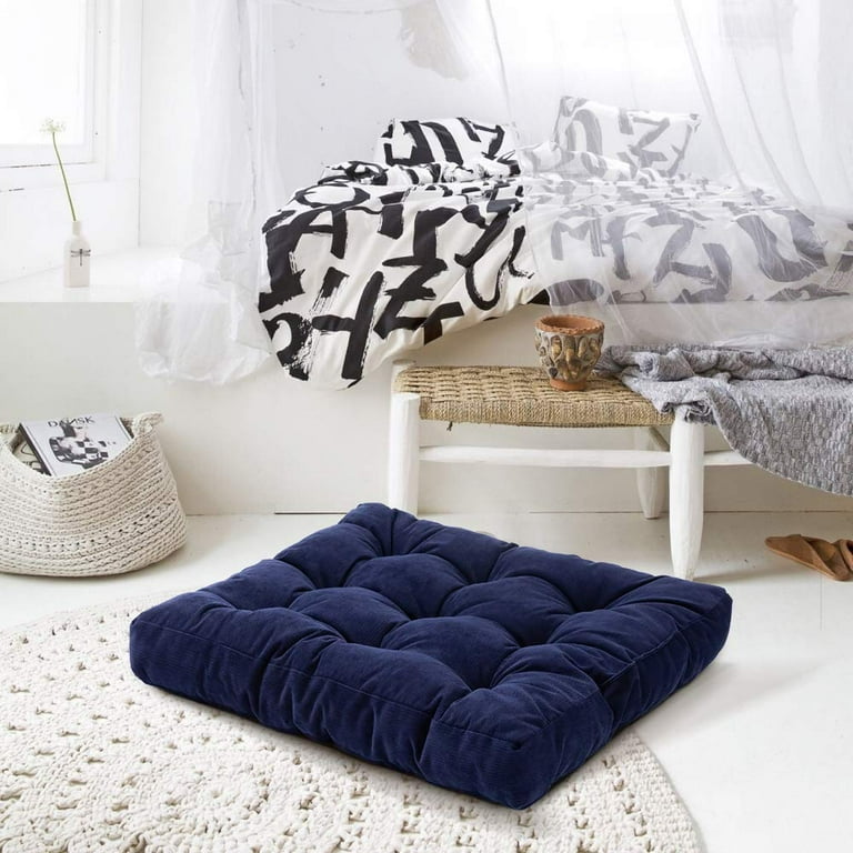 Bybyme Square Thicken Floor Cushion Cotton Linen Thick Meditation Pillow 21x21 inch Navy Size 22 x 22 Blue