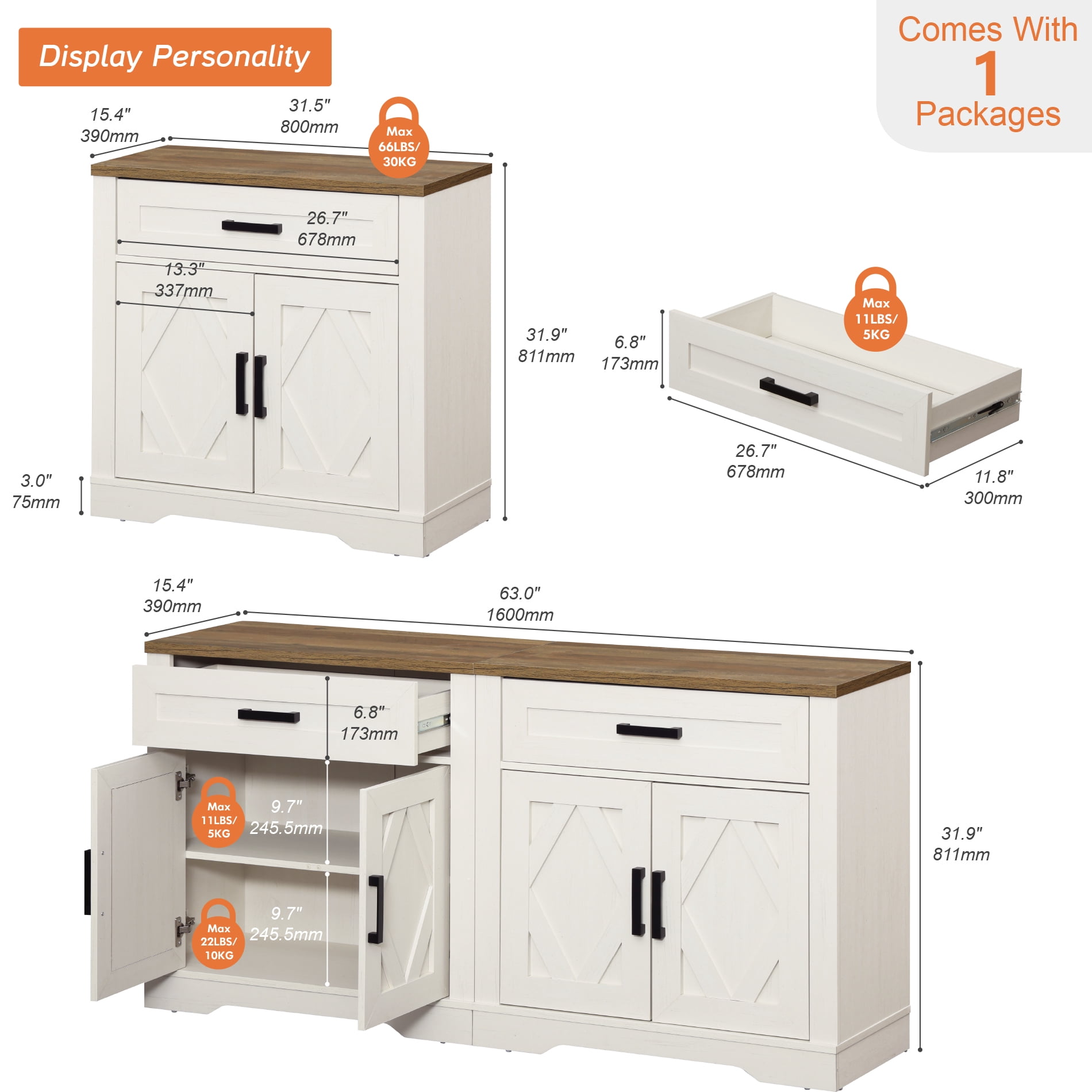 WAMPAT 2-in-1 TV Stand for up to 75" TVs,Farmhouse Entertainment Center with Storage Barn Door Cabinet,TV Console Table with Media Cabinet and Drawers for Living Room,Bedroom,Cream White