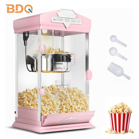 BDQ 8 oz Popcorn Machine, Tabletop Popcorn Maker, Countertop Pop Corn Machine Makes up to 32 Cups, Movie Theater Popcorn Popper Machine with Stainless-Steel Kettle for Home Family, 300 W, Pink