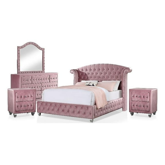 Bowery Hill 5pc Pink Fabric Bedroom Set of Queen 2 Nightstands Dresser Mirror