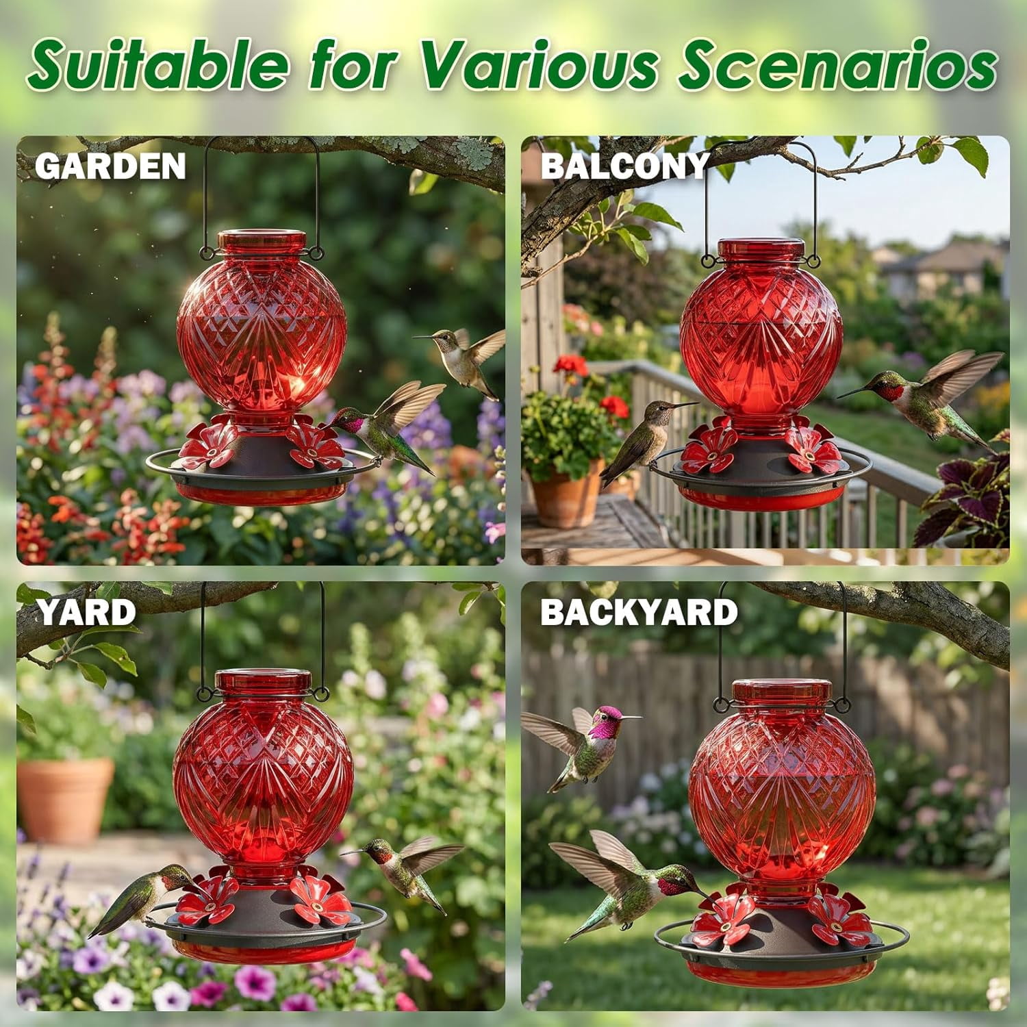 Glass Hummingbird Feeder for Outdoors Hanging, 20oz Bird Nectar Feeder with 4 Bee Guard Flower-Shaped Feeding Ports & Built-in Ant Moat, Easy to Clean, for Bird Lover,2 Pack,Red