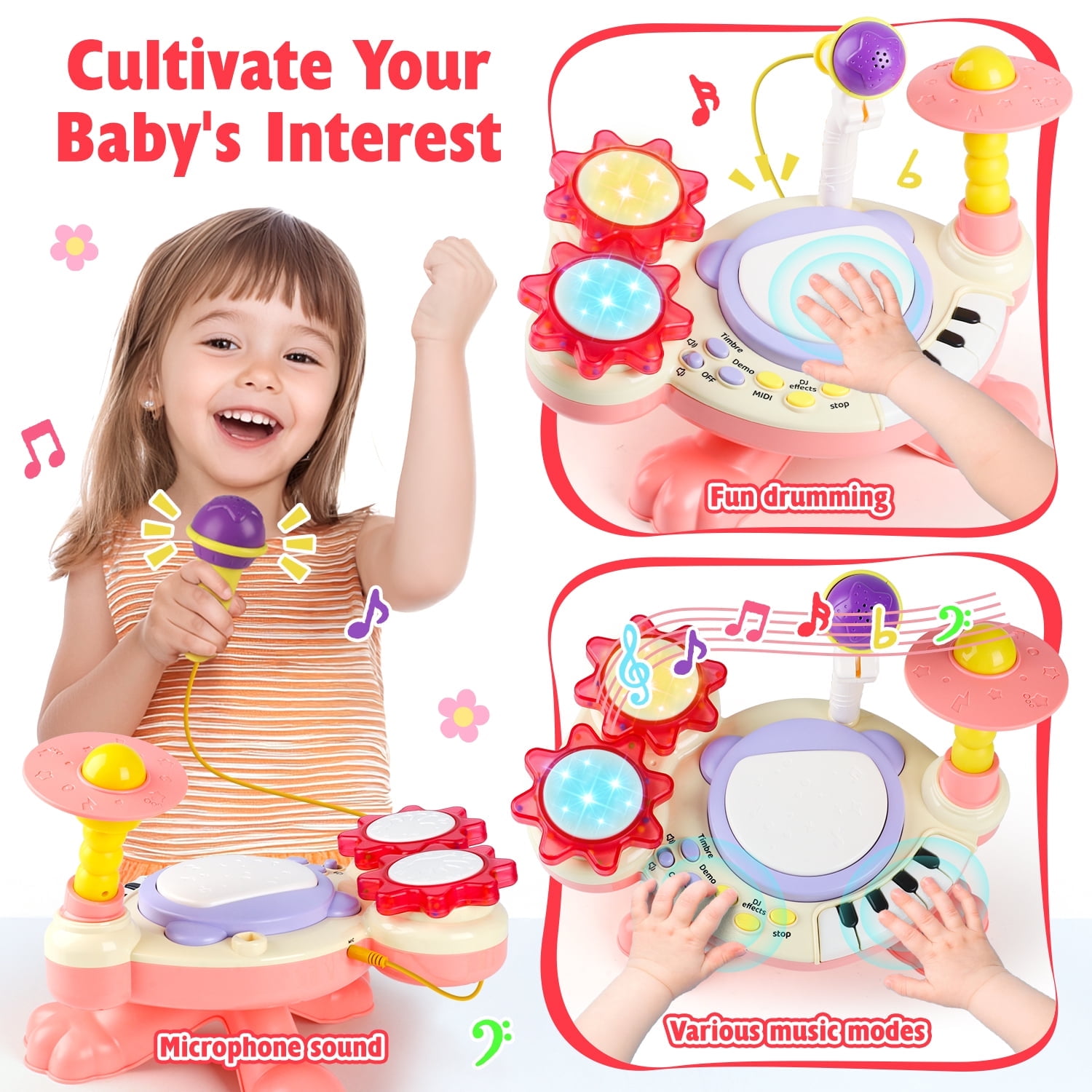 HopeRock Baby Toys, Toddler Drum Set for Ages 1 2 3 4, Baby Drum Toys for Ages 2-4 Years Old,with Light up and Music Instruments Birthday Gift for Toddlers.