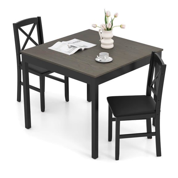 Costway 3 PCS Dining Table Set Wooden Square Kitchen Table with 2 Upholstered Chairs Gray