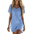 thumbnail image 2 of FengLS Women's Mini Dress Casual Loose Cotton-Linen Dress with Pockets Summer Lightweight Solid Color Homewear Short Dress Comfy V-Neck Short Sleeves Mini Dress, 2 of 7