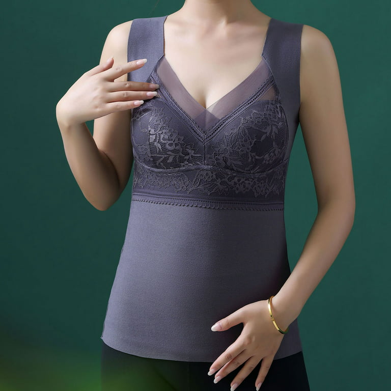Plus Size Thermal Underwear for Women V Neck Lace Cami Vest Fleece Lined Seamless  Base Layer Cami Shirt 
