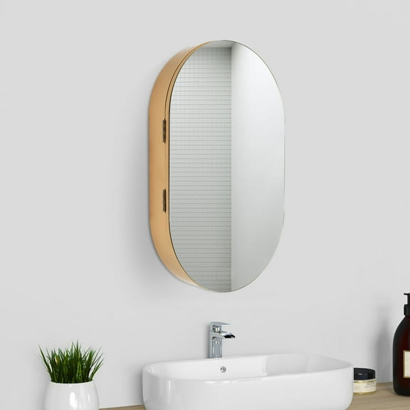 Gold Oval Mirror Medicine Cabinet, 19.76x30.82in Wall Mounted, 3-Shelf Storage with HD Mirror, 132lbs Load Capacity, Modern Design