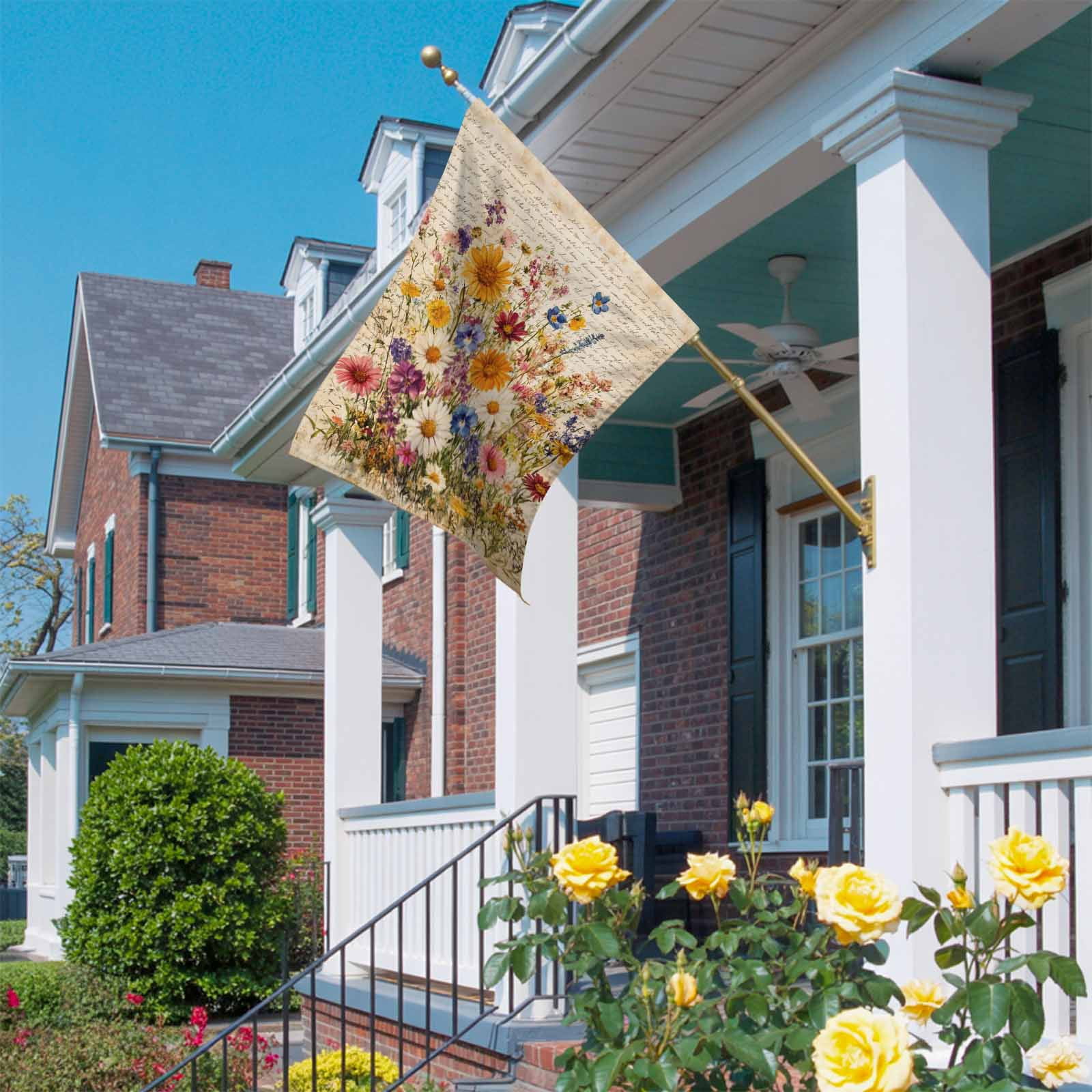 Spring Florals House Flags For Outdoor, Rustic Watercolor Colorful Floral Newspaper Texture Small Double Side Yard Flags Weather Proof House Decor for Lawn Outside Holiday 28 x 40 Inches