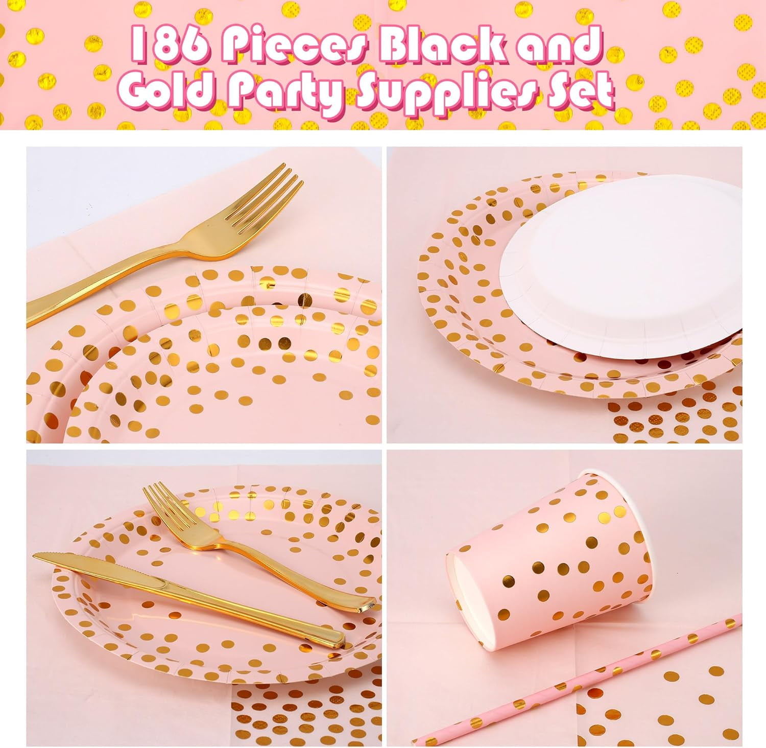 141 Piece Pink Gold Party Supplies Set Serves 20 - Plate Tablecloth Cup Napkins for Wedding Bridal Shower Baby Shower Holiday Parties