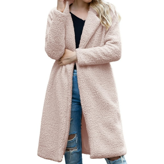 Women's Mid-Length Lamb Wool Coat, Long-Sleeve Warm Winter Outerwear, Solid Color Fashion Jacket, Pink, XXL