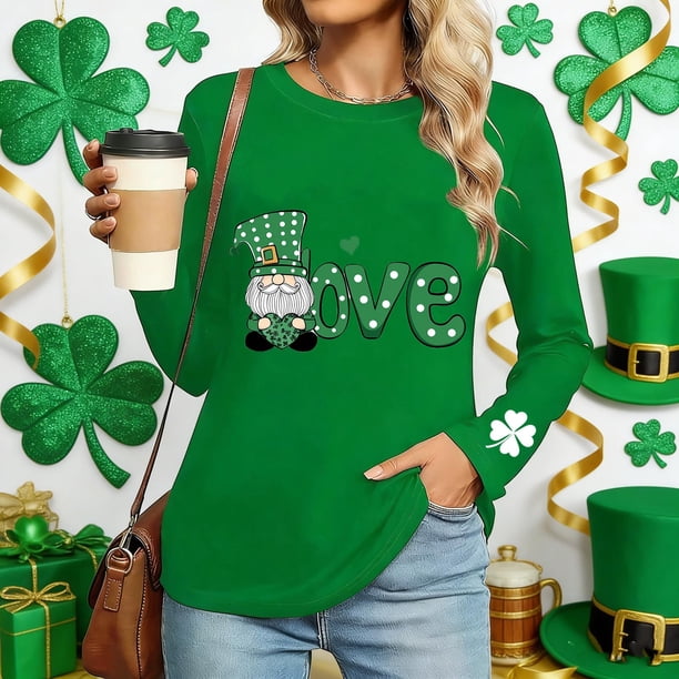 TaTaai Women St. Patrick's Day Print Casual Loose Round Neck Long Sleeve T-Shirt Fashion Soft Top Lightweight for Daily Party Office Vacation Gift