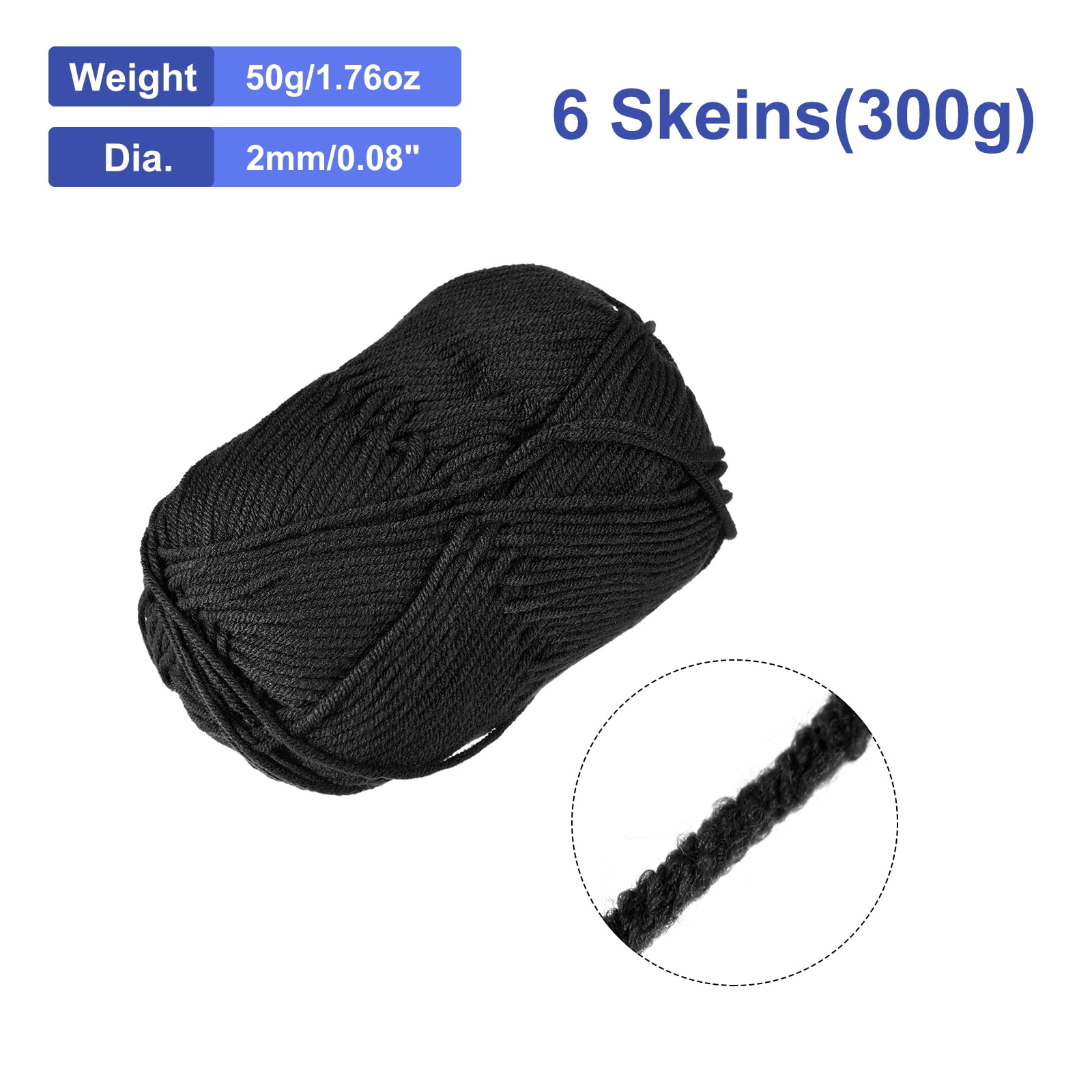 300g - 6Pack of 50g Acrylic Yarn Skeins Soft Crochet Yarns for Knitting Black
