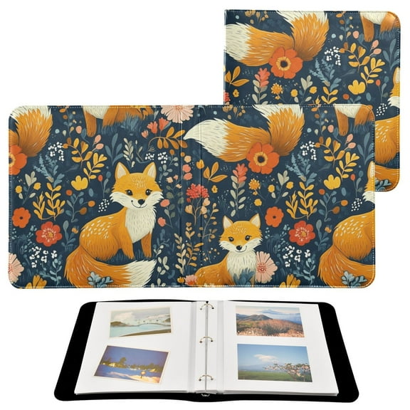 Leather Cover Photo Album 80 Pockets 4x6 Photos Bookshelf Picture Album Adorable Foxes with Flowers Leaves