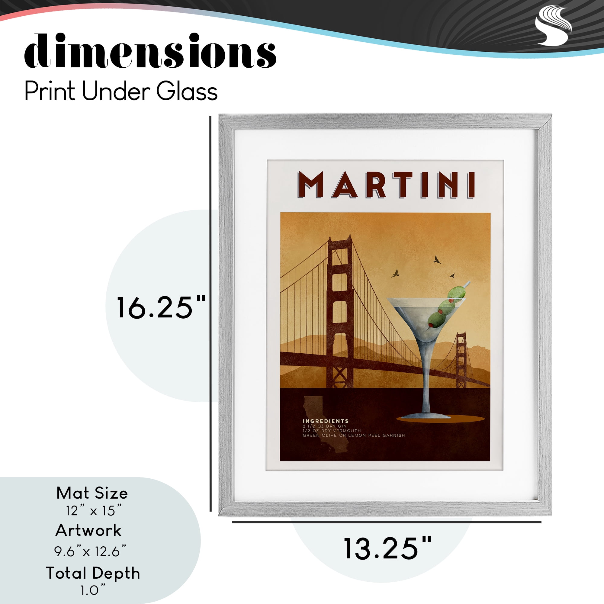 Retro Martini & Bridge View Gray Framed Print Under Glass, design by Brett Blumenthal