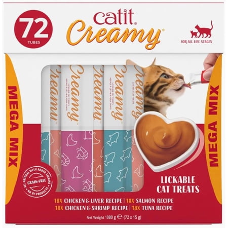Creamy Lickable Cat Treat, Healthy Cat Treat, 4 Flavours, 72 Tubes, 1080g (72 X 15g)