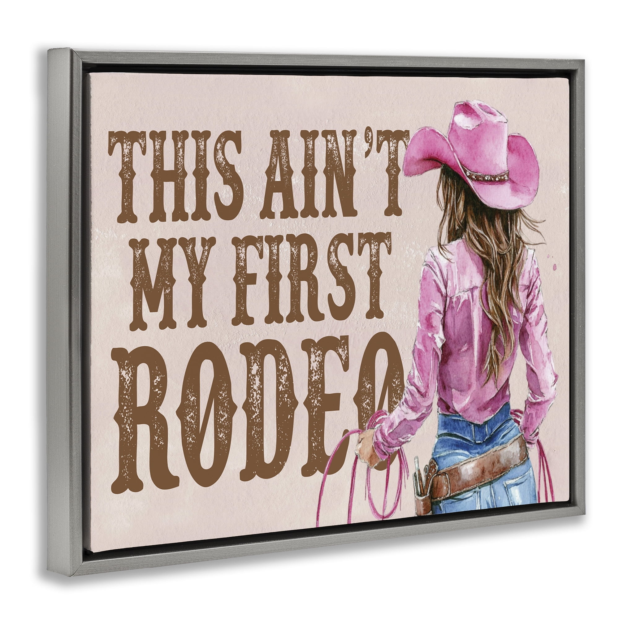 Stupell Industries Ain't My First Rodeo Girl People Painting Gray Floater Framed Canvas Art Print Wall Art, 21 x 17