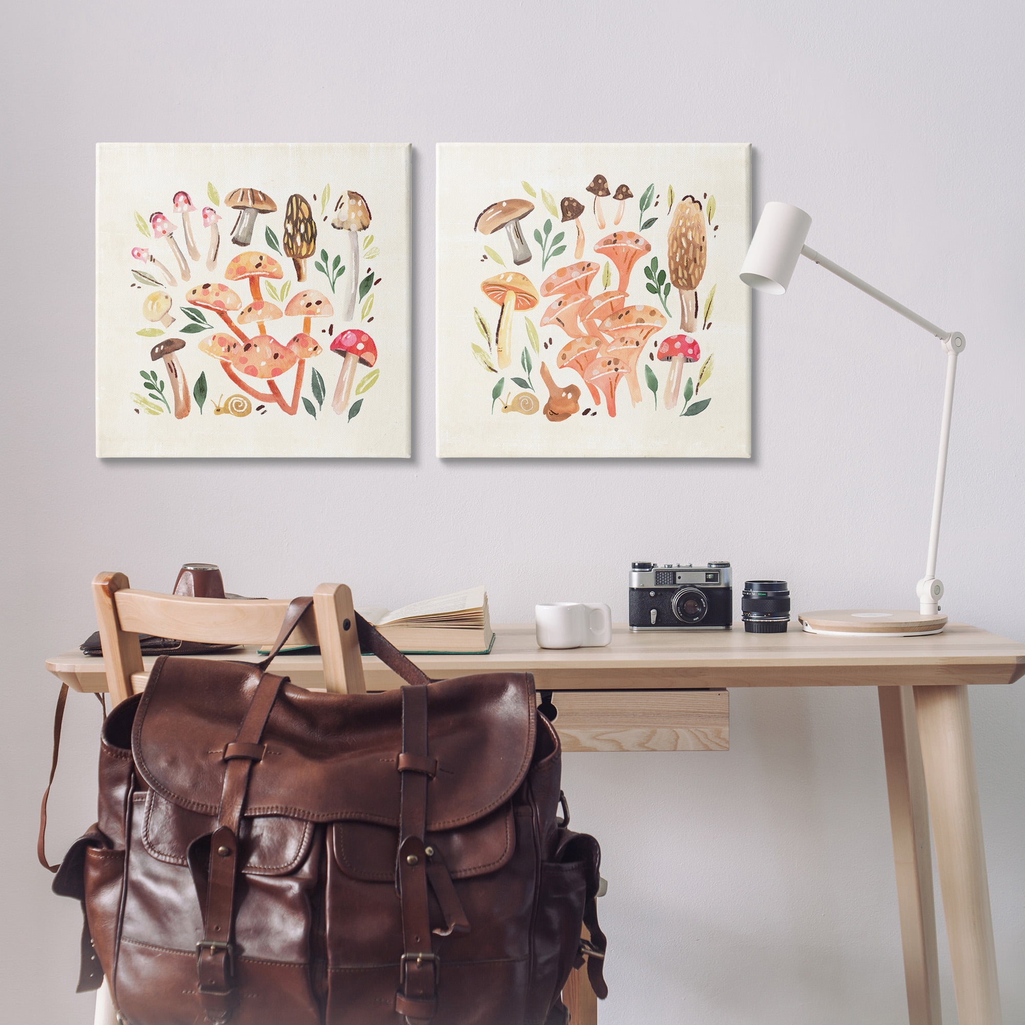 Stupell Industries Mushroom & Leaves Pattern Botanical & Floral Painting Gallery Wrapped Canvas Art Print Wall Art, 24 x 24, Set of 2
