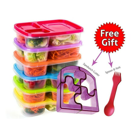 Perfect Fit Bento Lunch Box Food Containers – Set of 6 Premium Lunch Boxes– Ideal for Adults, Kids, Girls and Boys – 3 Compartment Japanese Style Lunch Boxes – Free 2-in-1 Fork/Spoon & Puzzle Sandwich