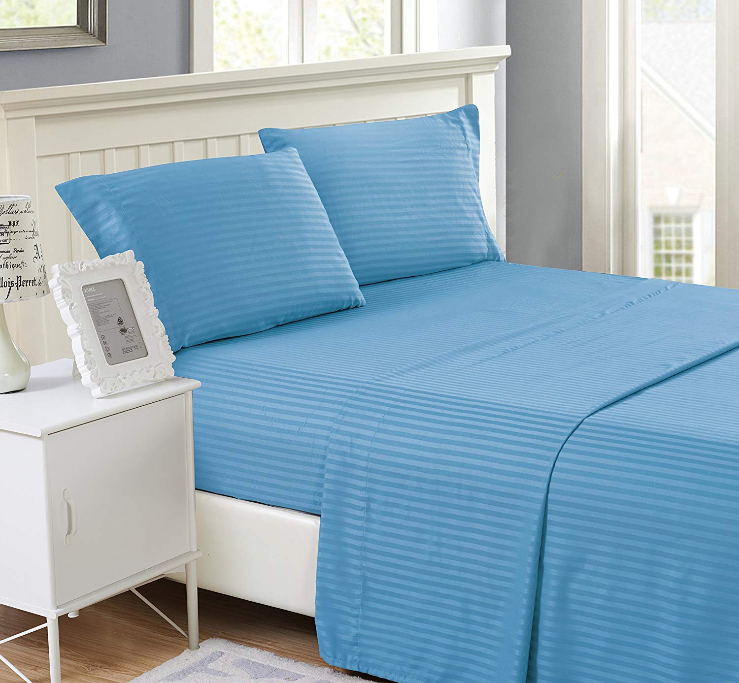 Stripes Bed Sheet Set (King, Blue) 4 Pieces Deep Pocket 1800 Series