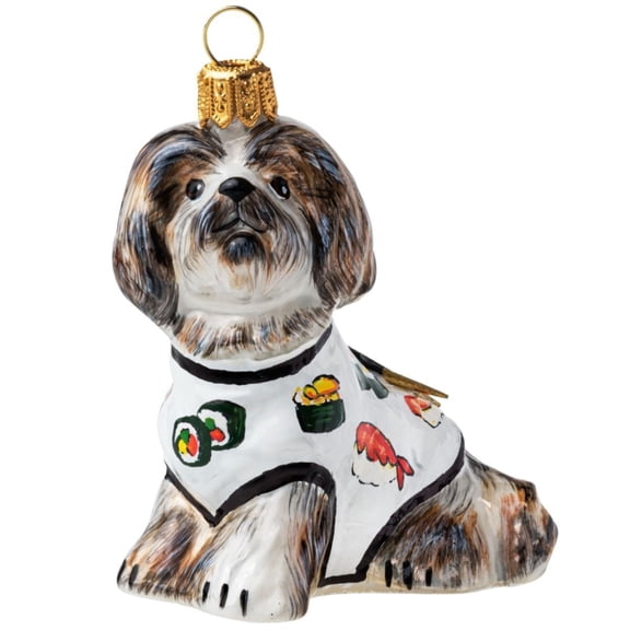 Joy to the World Shih Tzu in Sushi Sweater and Chop Sticks Polish Glass Ornament