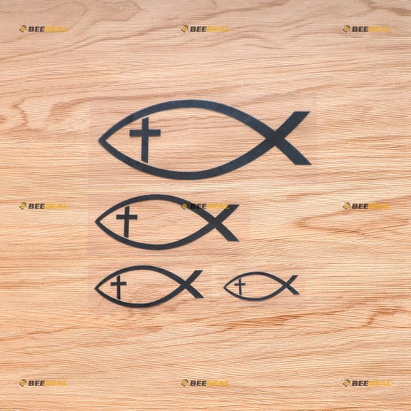 Ichthys Jesus Fish Cross Christian Symbol Ichthus Sticker Decal Vinyl - 4 Pack Black, 2 Inches, 3 Inches, 4 Inches, 6 Inches - No Background for Car Boat Laptop Cup Phone