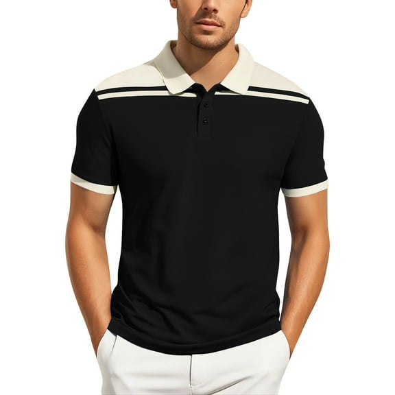 Mens Polo Shirts Summer Sports Casual Short Sleeve Color Block Button Collared Business Shirts for Men