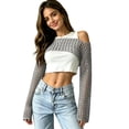 thumbnail image 5 of JULMCOMO Crochet Beach Cover Ups for Women Mesh Knit Hollow Out Long Sleeve Summer Crop Tops Bikini Cover Ups for Swimwear Gray L, 5 of 6