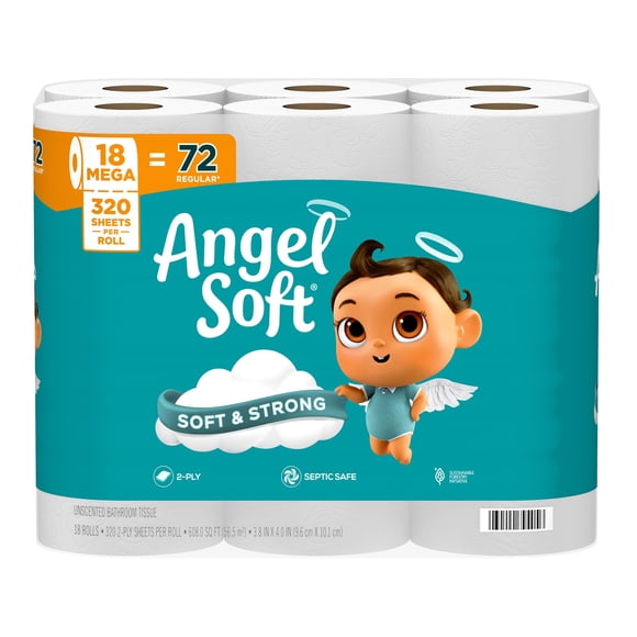 Papel Higiénico Angel Soft 18 Rollos Mega Suave y Resistente de 2 Capas