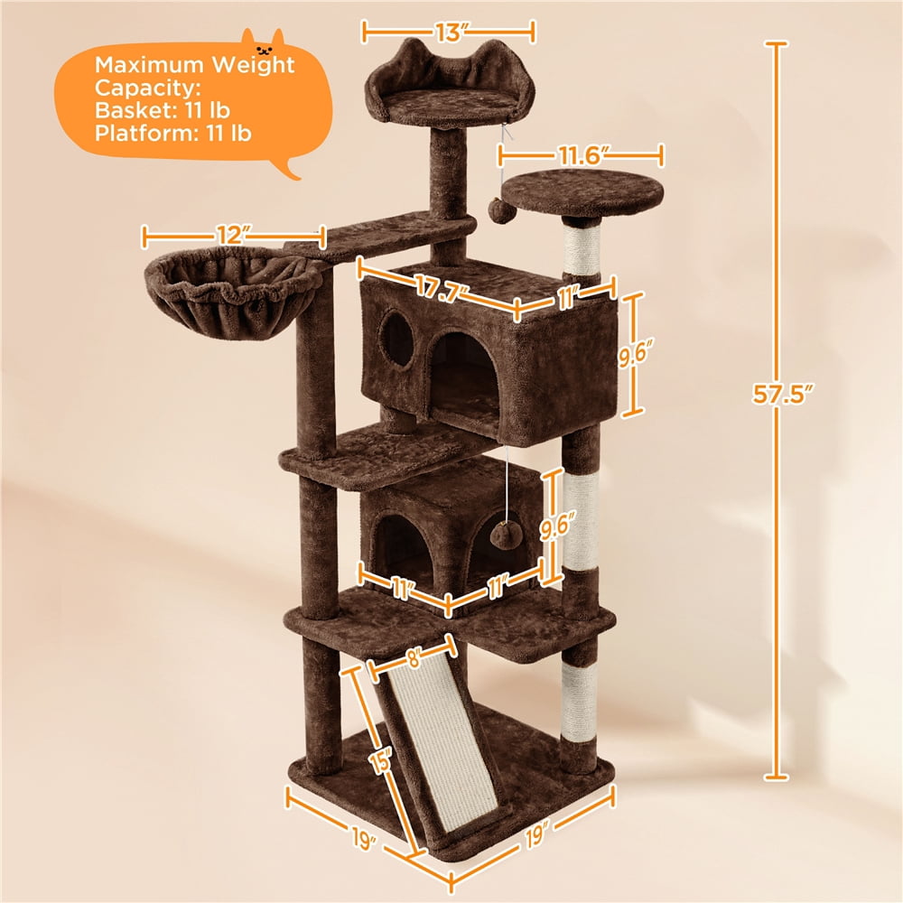 Yaheetech 57.5''H Cat Tree Tower Cat Tree with 2 Condos, Scratching Posts, Ramp, Brown