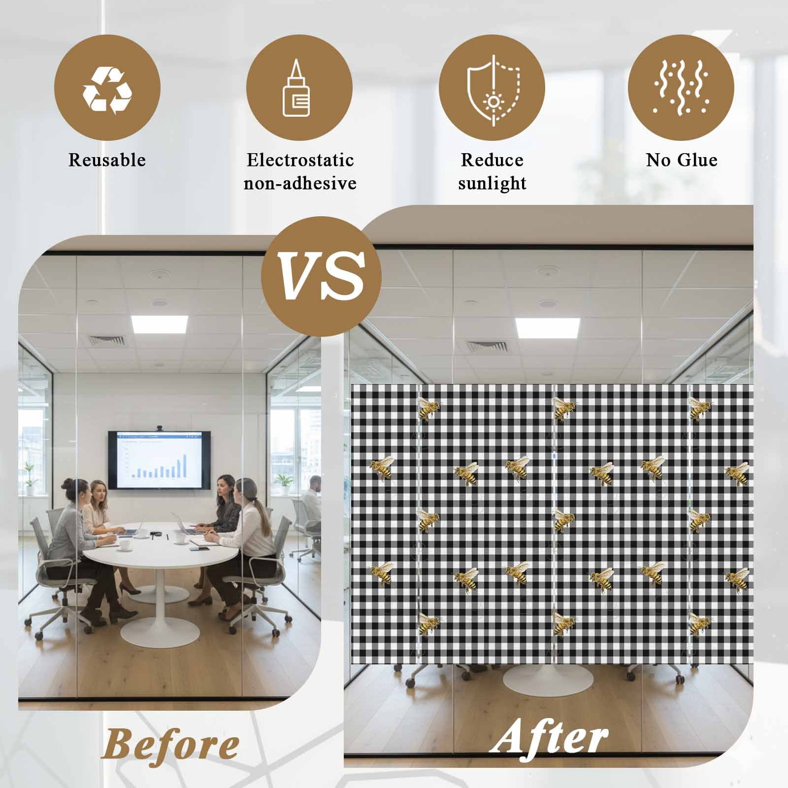 Bee Window Privacy Film, Country Bees Black White Buffalo Plaid Checkered Farmhouse Frosted Glass Window Clings Static Cling UV Heat Blocking Reusable Door Sticker for Bathroom 23.6 x 59 Inch