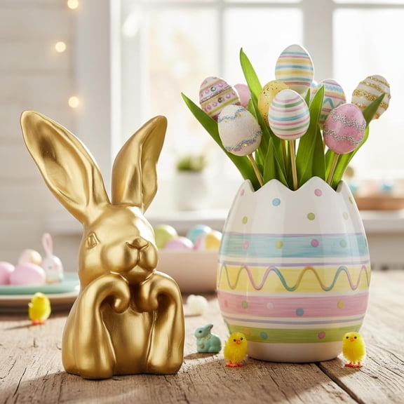 Easter Gold Bunny Table Ornament, Decorative Thinking Rabbit Statue for Entryway and Bookshelf, Luxury Metallic Finish Easter Decor for Adult Living Spaces