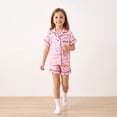 thumbnail image 4 of NIPAXO Girls Satin Pajamas Set Short Sleeve Button-Down Pink Stripe Strawberry Bow Print Sleepwear for Kids, 4 of 8