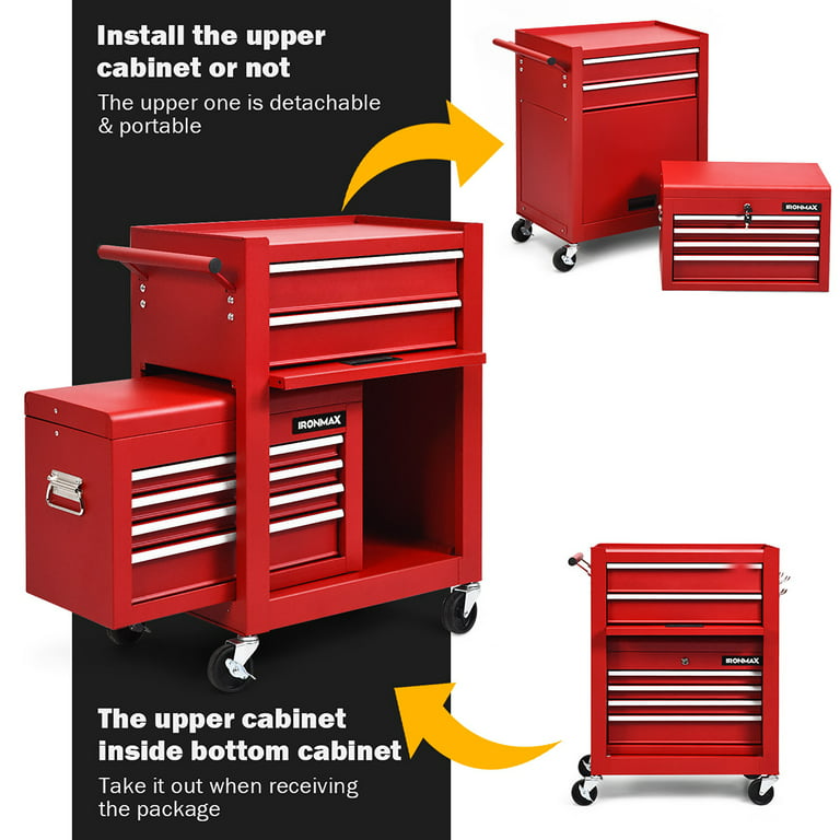 Goplus Tool Chest, 5-Drawer Rolling Tool Storage Cabinet with Detachable Top Tool Box, Black+Red