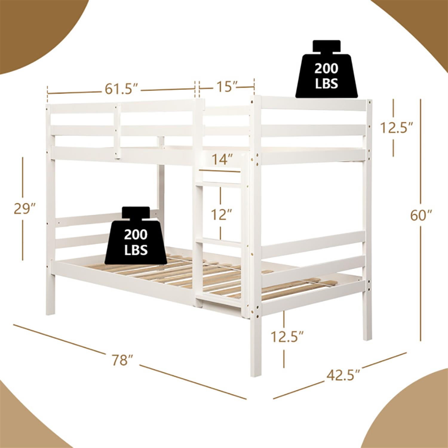 Demi Bonn Twin Size Over Wood Bunk Bed with Ladder and Safety Rail, Twin Sturdy Bunk Beds, White