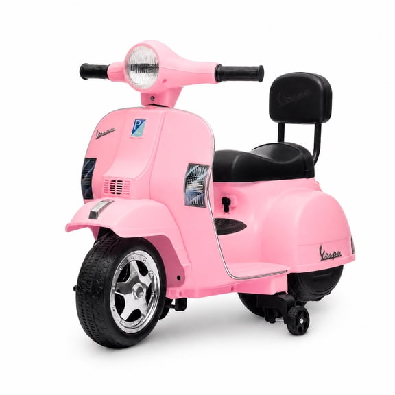 Official Vespa 6V Electric Ride-On Scooter for Kids – 4-Wheel Anti-Rollover Safety – Headlight, Backrest, Training Wheels – Durable PP Battery Car for Toddlers – Pink